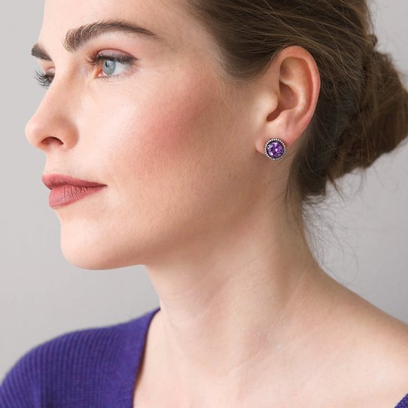 WHBM Hematite & Plum Cubic Zirconia Stud Earrings Amethyst Purple Cubic Zirconia - Picture 2 of 4